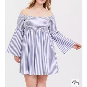 Torrid Blue Striped Smocked Skater Off Shoulder Dress Size 2 NWT